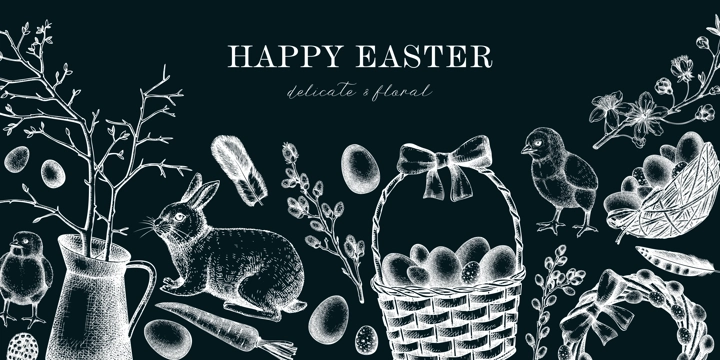 Easter banner design with cute characters and spring decor elements. Hand drawn bunnies, eggs, chickens, flowers and flowering trees background. Vector template with Holiday sketches on chalkboard